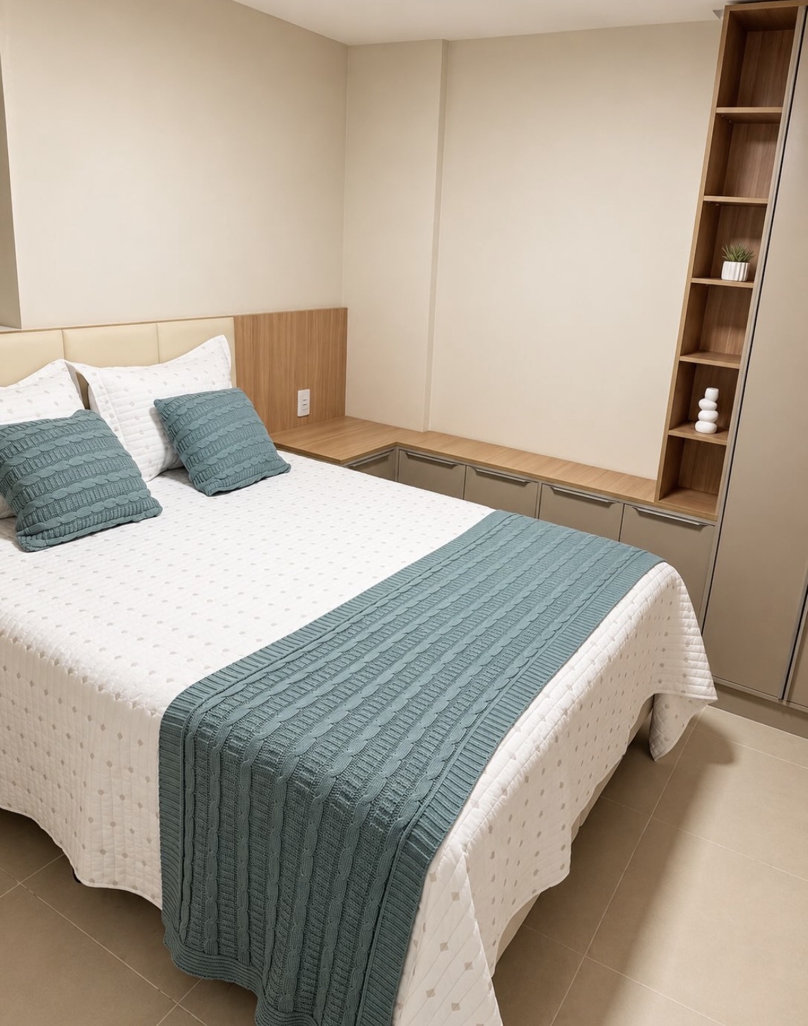 Quarto de casal com cabeceira em painel de madeira, bancada com gavetas e estante vertical